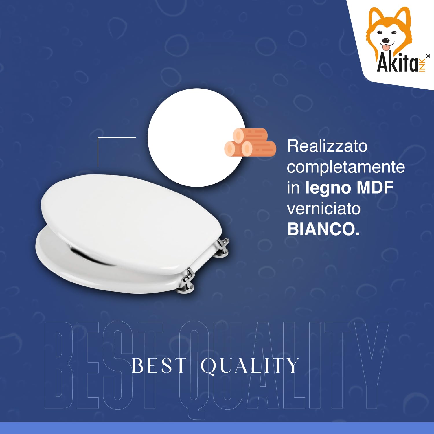 AKITAInk Copriwater Universale in Legno MDF Bianco – Sedile WC per Bagno, Tavoletta Copri WC Resistente con Cerniere in Metallo, Adatto a Tutti i Sanitari Standard