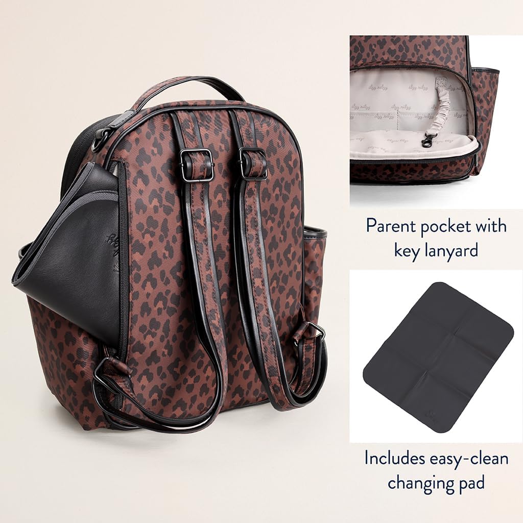 Itzy Ritzy Mini Diaper Bag Backpack – Chic, Compact Mini Plus Backpack with Changing Pad, 10 Pockets (6 Internal, 4 External), Grab-Top Handle & Rubber Feet – Leopard (Woven)