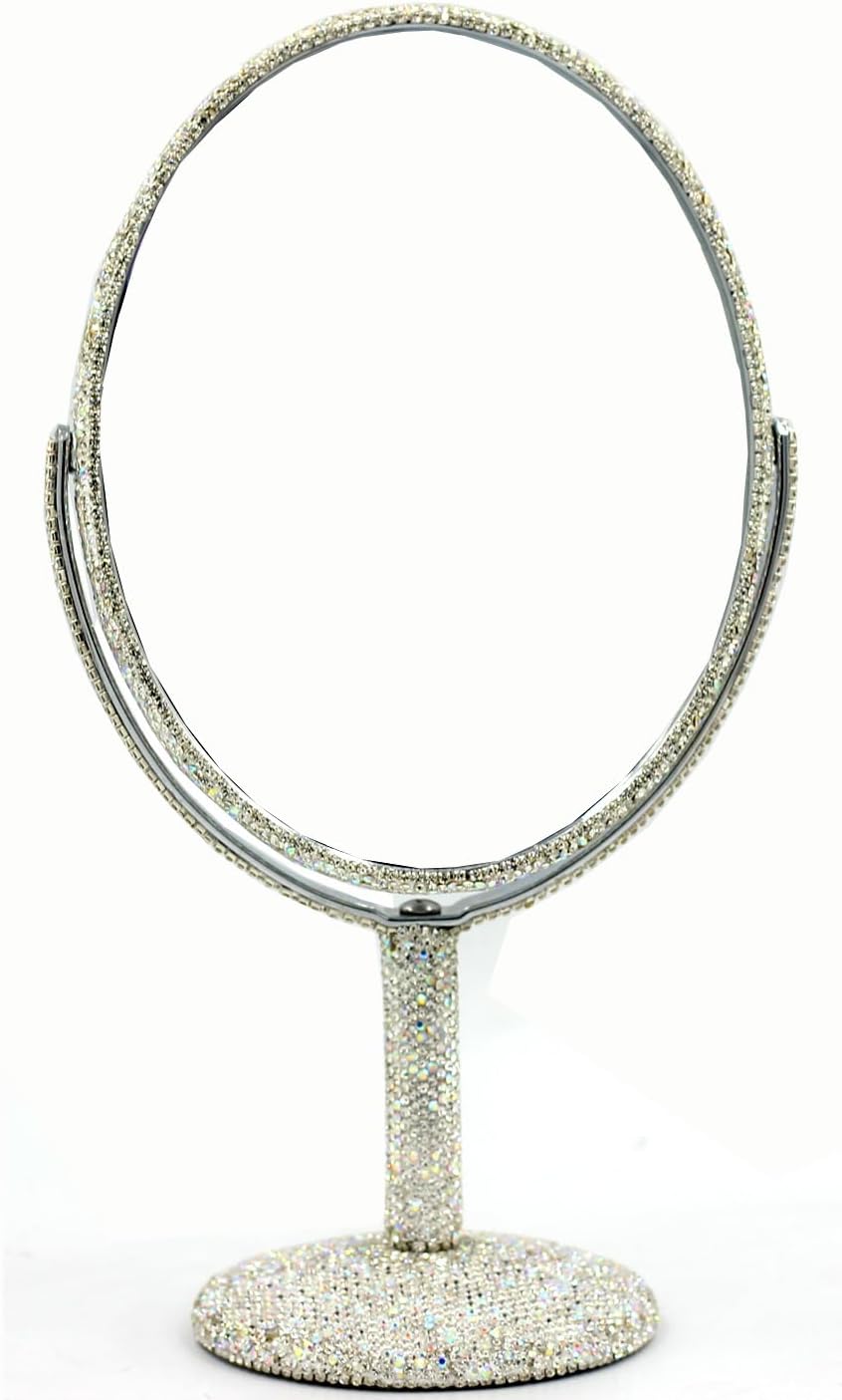 Bling Bling 6-Inch Double-Sided Tabletop Makeup Mirror, Oval Metal Makeup Mirror with 1:2 Magnifying Mirror, Rotating Mirror for Vanity (Red)