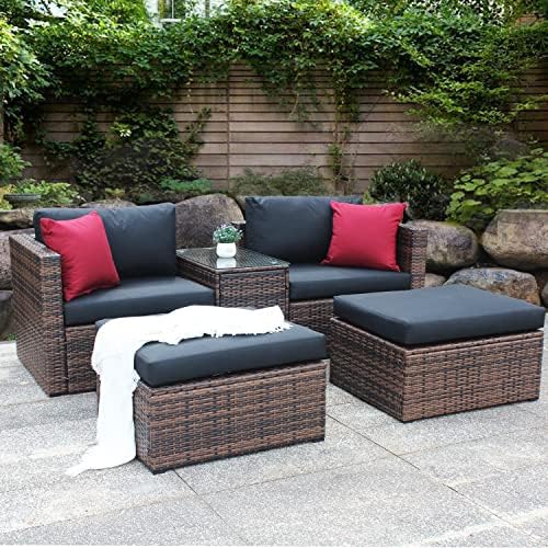 GLANZEND 5 Pieces Outdoor Patio Furniture Wicker Sofa Sectional Couch Rattan Conversation Set, w/Protection Cover, Free Combination for Garden, Poolside, Backyard, Black Cushions & Red Pillows, Brown