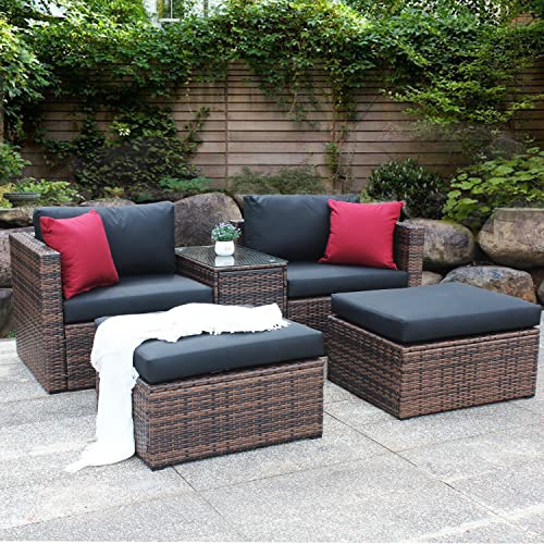 Glanzend 5 Pieces Outdoor Patio Furniture Wicker Sofa Sectional Couch Rattan Conversation Set, W/Protection Cover, Free Combination For Garden, Poolside, Backyard, Black Cushions & Red Pillows, Brown #TOP2