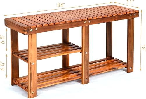 Miniatura 3 de KOTEK Zapatero de 3 niveles, banco de almacenamiento de madera de acacia premium, organizador de zapatos multifuncional con almacenamiento de botas,