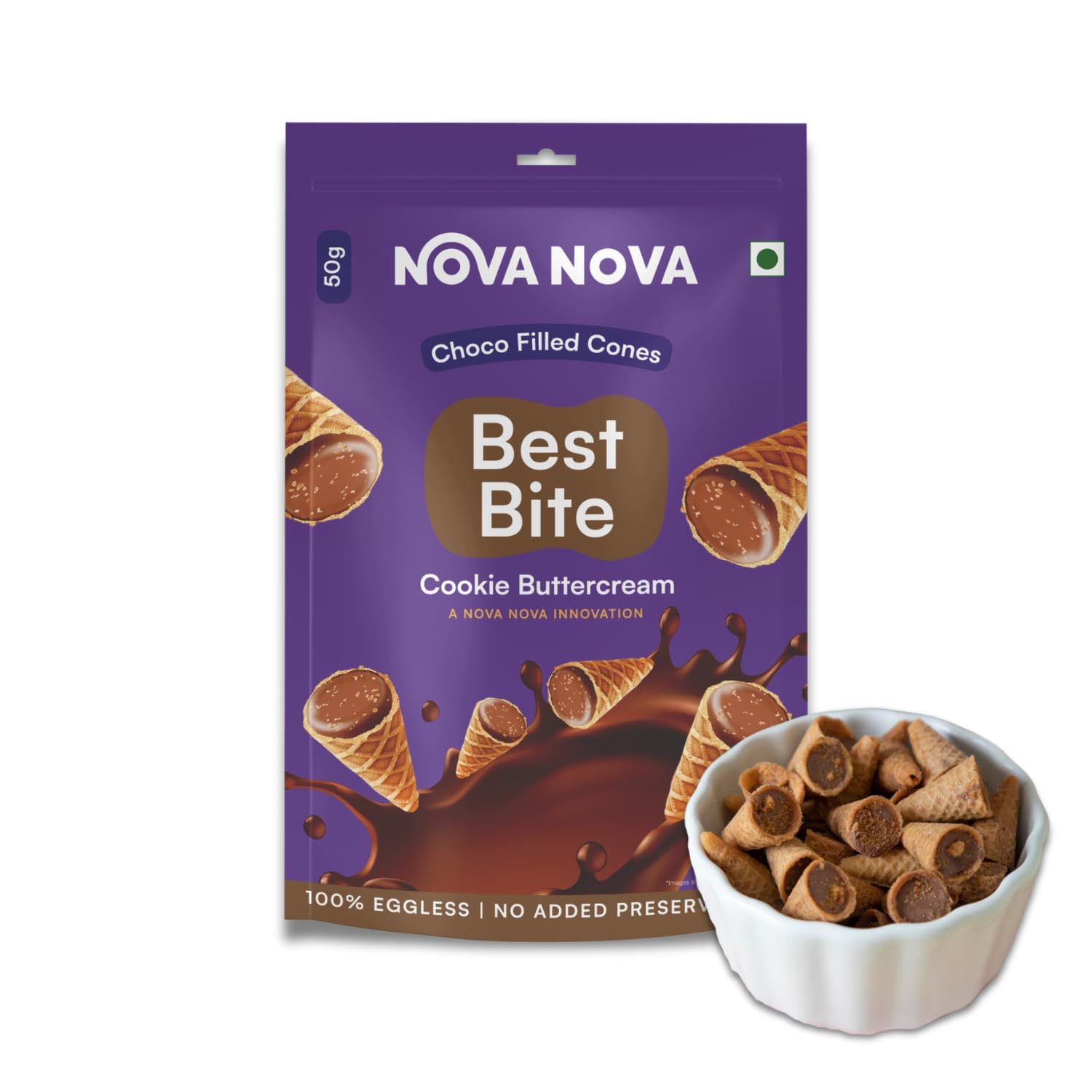 Nova Nova Best Bite Choco Filled Cones | Cookie Buttercream | 100% Eggless | No Added Preservatives (50g)