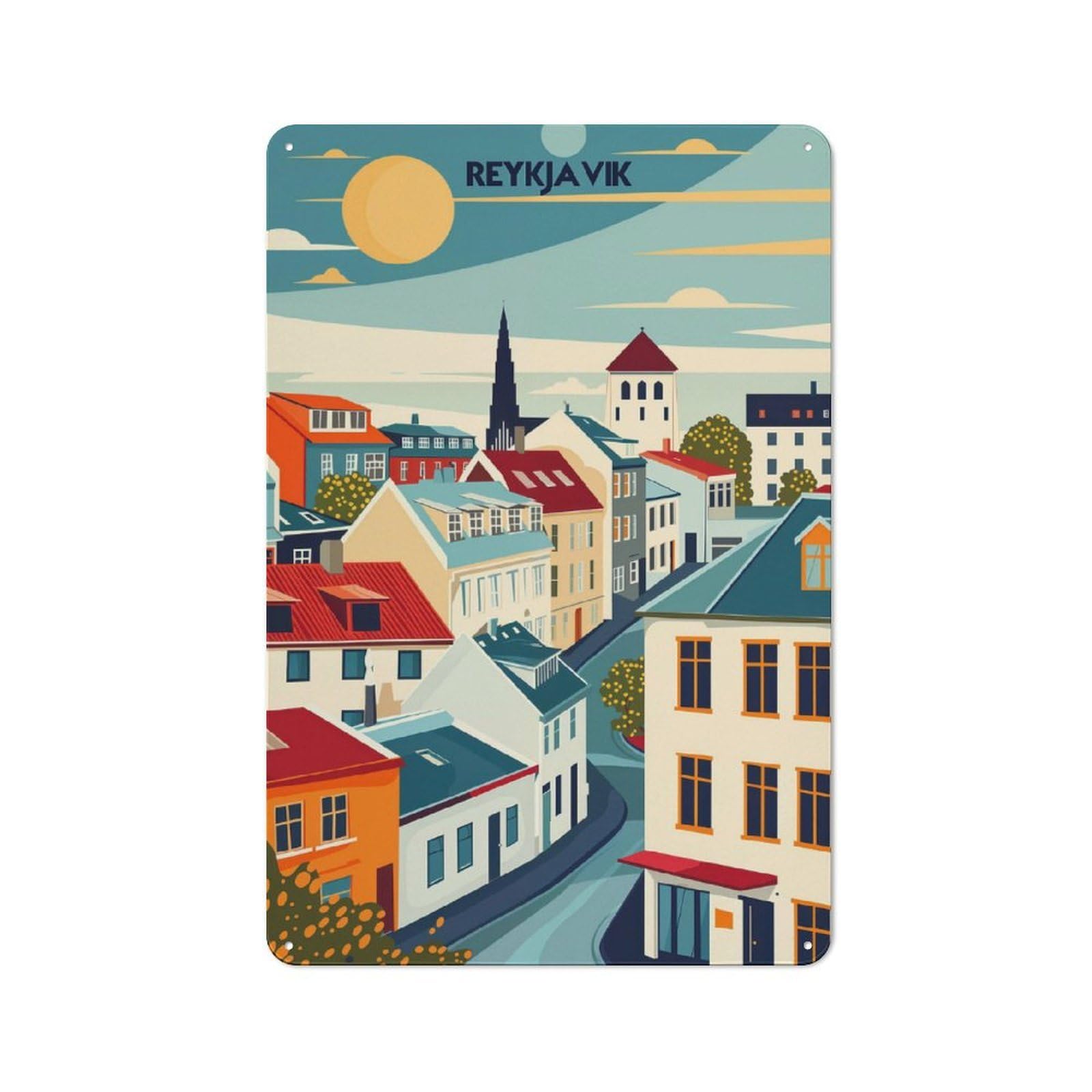 Junmoney Reykjavik Cityscape Travel Poster Clean Industrial Decorative Metal Plaque 30X20cm, Loft Wall Plaque For Modern Home, Workshop, Office Or Cafe