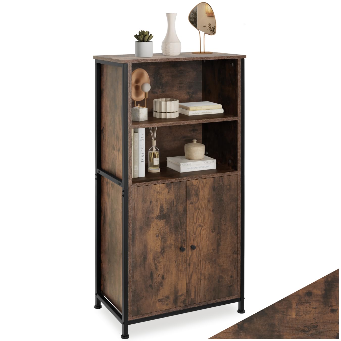 tectake® Industrial Highboard, Kommode mit offenen Fächern und Schrankfach, Sideboard, Flur Möbel, Wohnzimmerschrank, Bücherschrank, schmaler Schrank Schlafzimmer (Industrial Dunkelbraun)