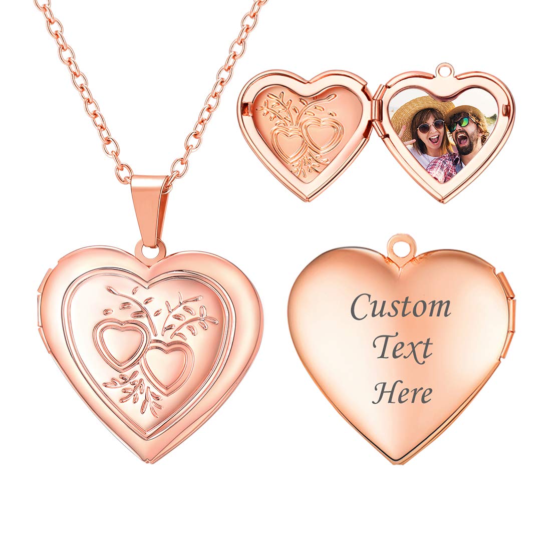 U7 Women Locket Necklace Platinum 18K Gold Photo Lockets that Hold Picture,Chain 20 Inch Personalized Gift Custom Love Heart Image Necklaces