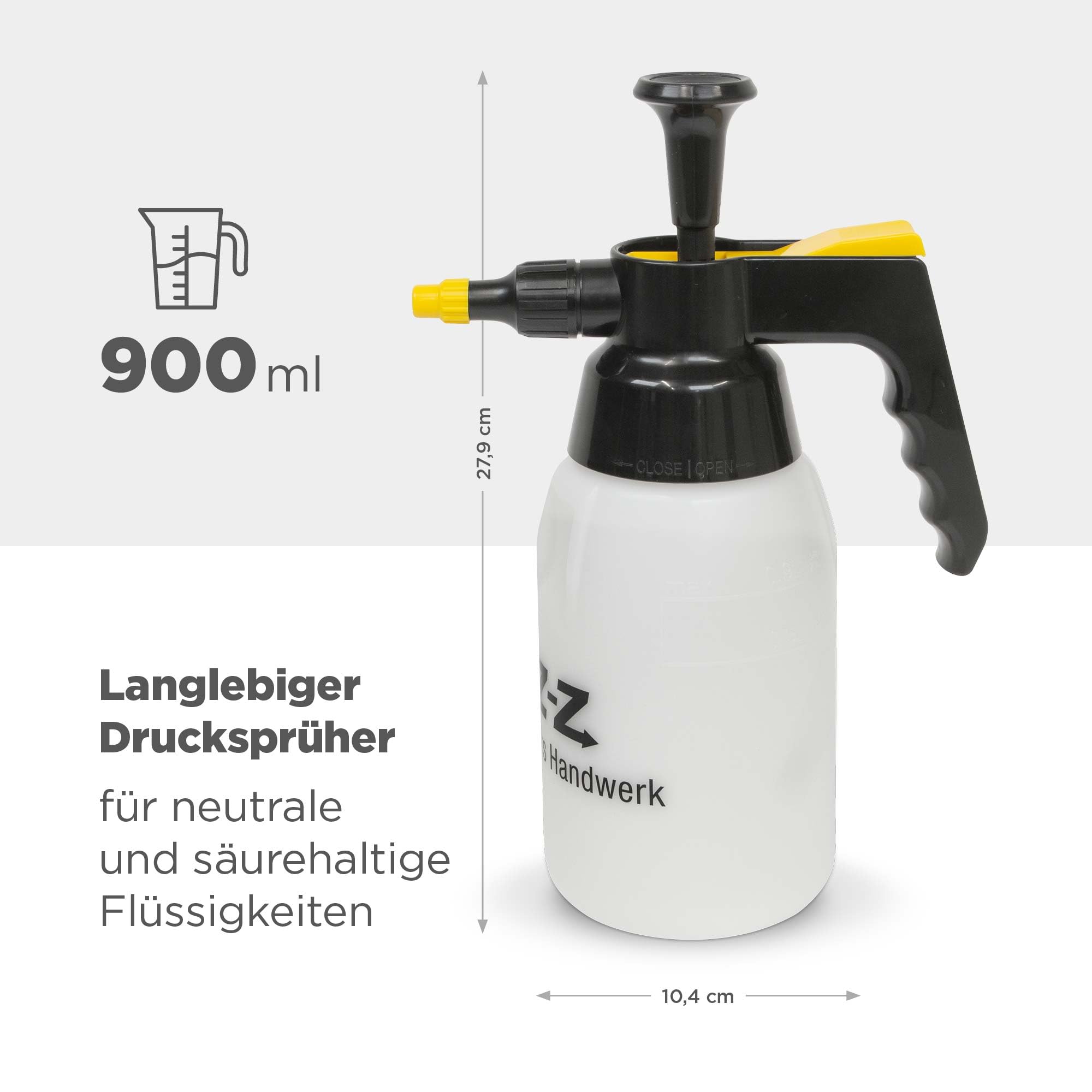 blizz-z Drucksprüher säurebeständig (900 ml) mit Füllstandsanzeige und Überdruckventil, Made in Germany