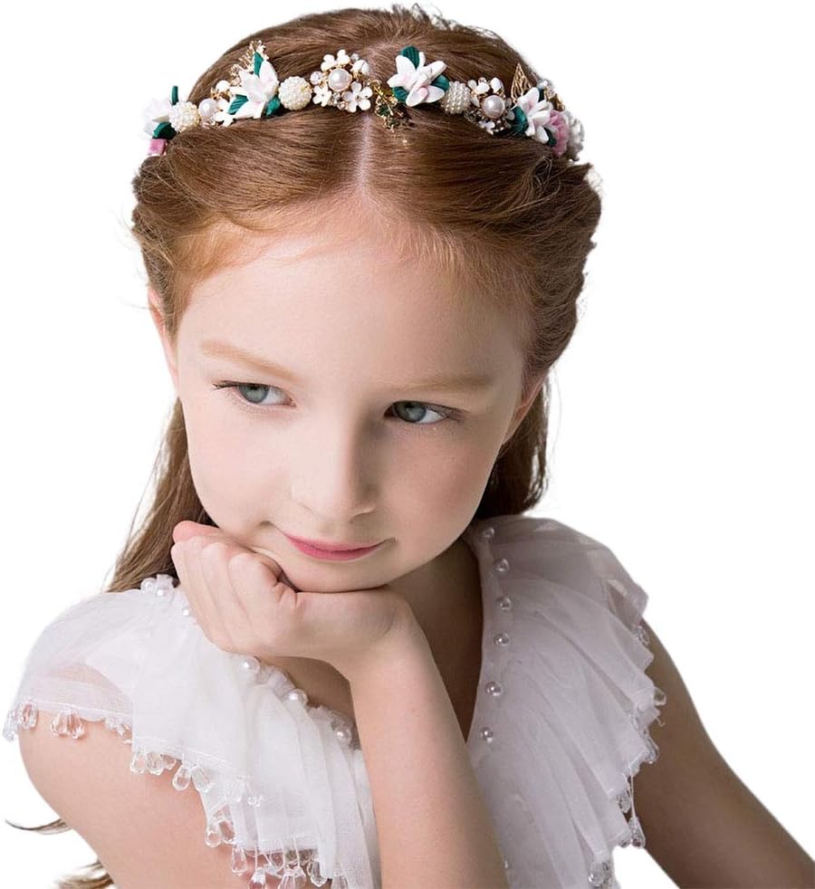 IYOU Flor Fuente Perla Boda Venda Oro Cristal Floral Comunión Cabello Cabello Accesorios por Niñas de las Flores y Dama de Honor