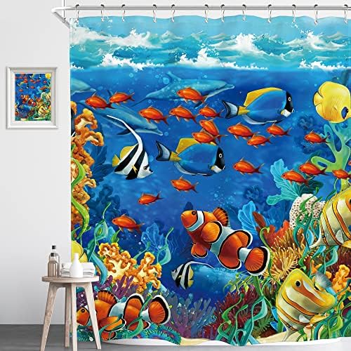 Homewelle Tropical Fish Shower Curtain Kids 72Wx72L Funny Under The Sea Colorful Ocean World Coral Blue Clown Fish Animal Boys Children Waterproof Polyester Fabric Bathroom Bathtub