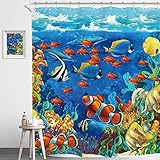 Homewelle Tropical Fish Shower Curtain Kids 72Wx72L Funny Under The Sea Colorful Ocean World Coral...