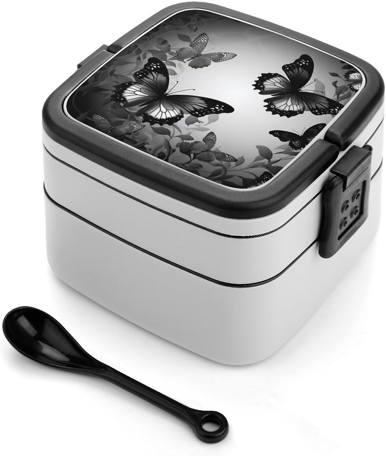 Black Gray Butterflies Bento Lunch Box for Adults 2 Layers