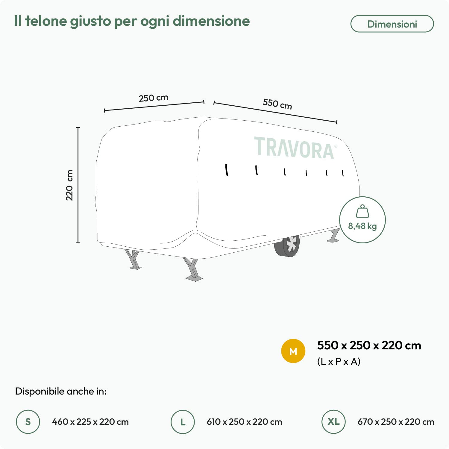 Telo copertura roulotte - copri finestre caravan - caravan cover - telo protettivo da polvere e umidità - impermeabile - disponibile in varie misure M (550 x 250 x 220 cm)