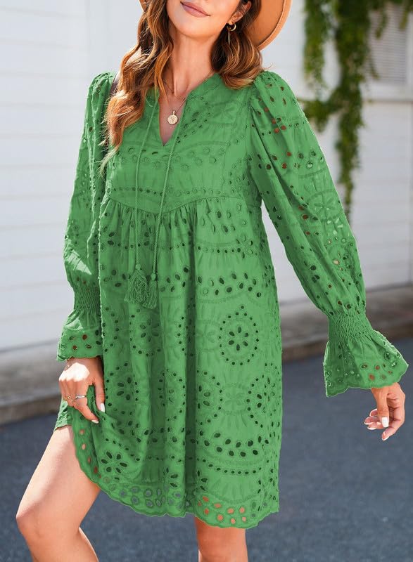 Image of Dokotoo Womens 2026 Boho Dress Tassel V Neck Long Sleeve A Line Casual Hollow Out Lace Ruffle Party Dresses