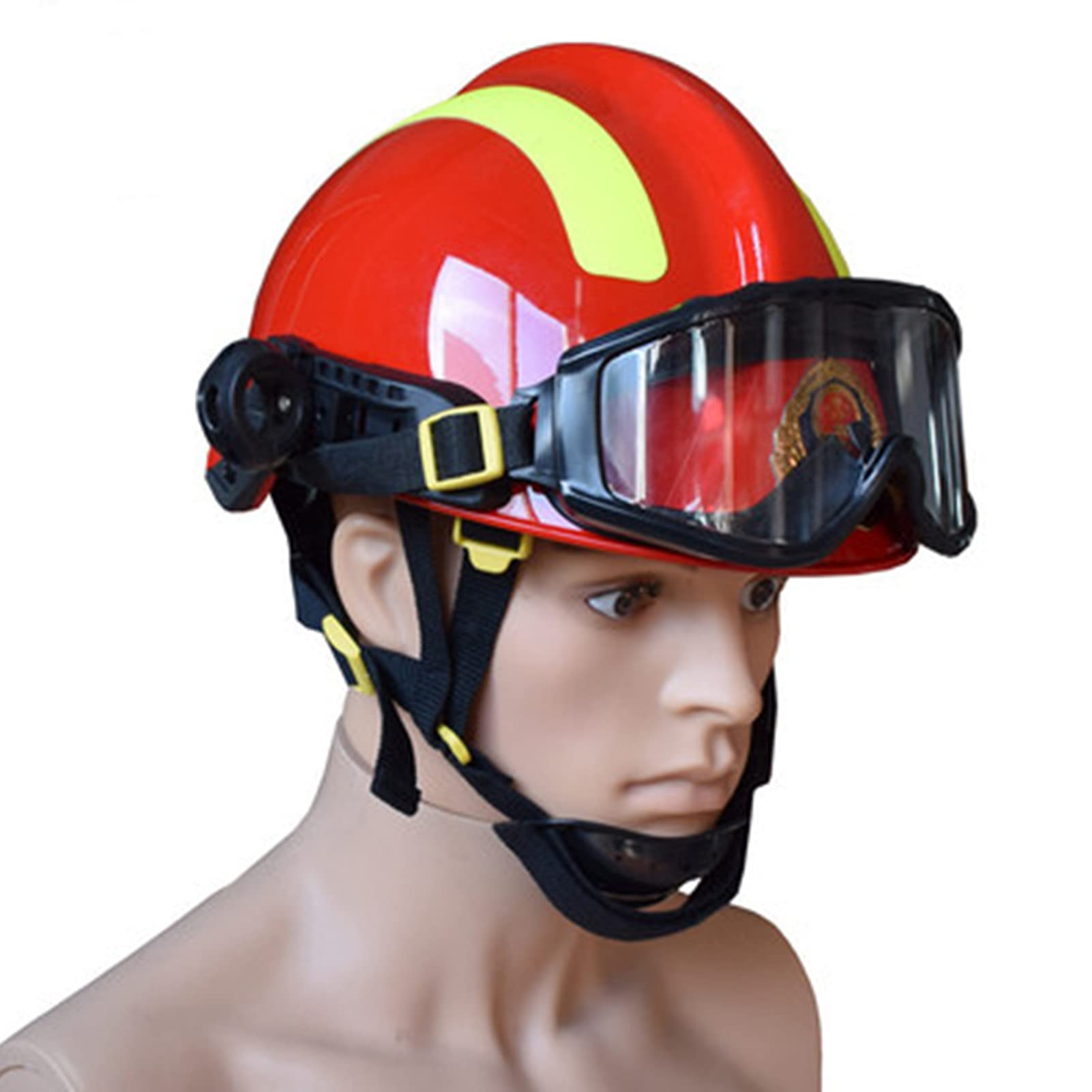 Kask strażacki, kask ratunkowy z goglami i stojakiem na światło, kask ochronny, dom, strażak, praca na wysokości - czerwony