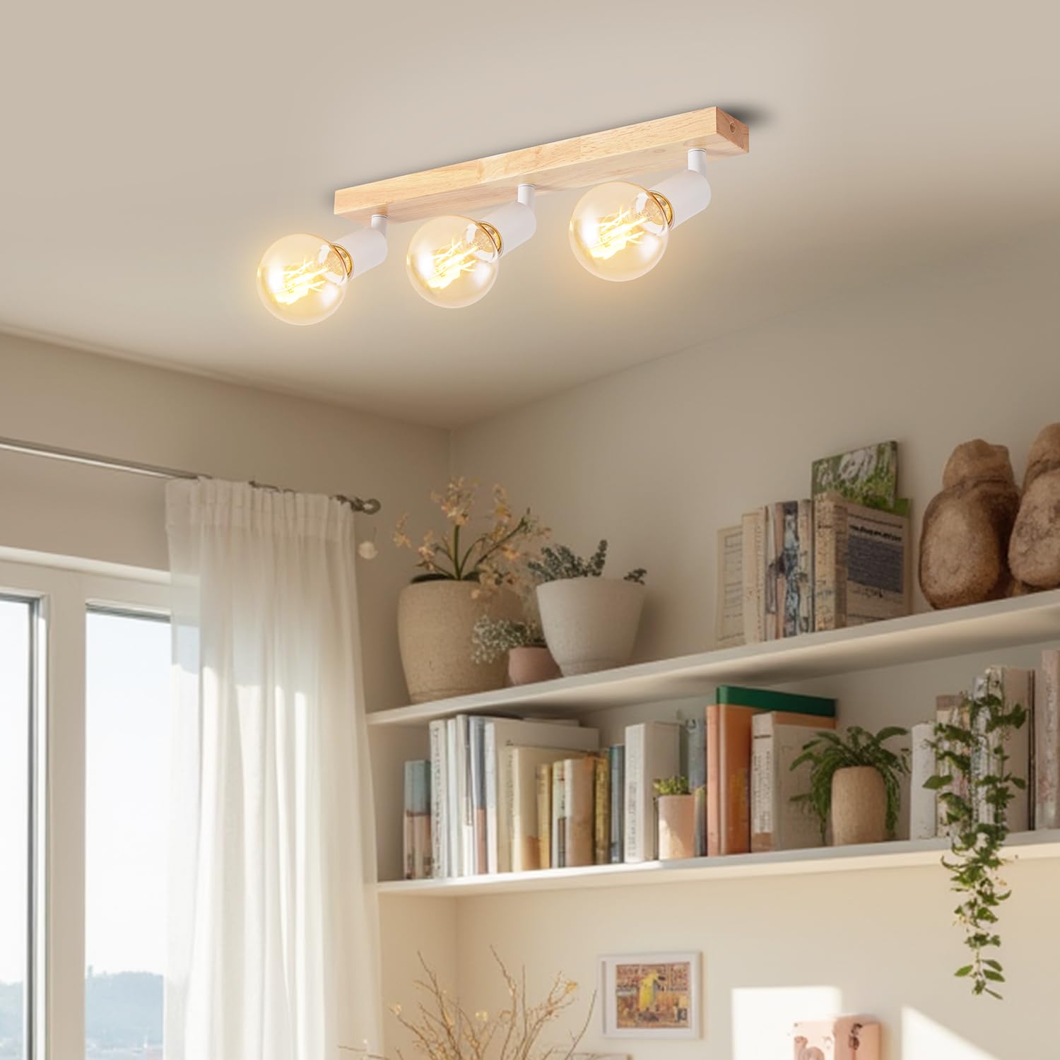 LVWIT Lampa sufitowa LED E27 z 3 reflektorami, białe oświetlenie wewnętrzne, drewniana lampa sufitowa z prostokątną podstawą, lampa ścienna do sypialni, żyrandol kuchenny (bez żarówek)
