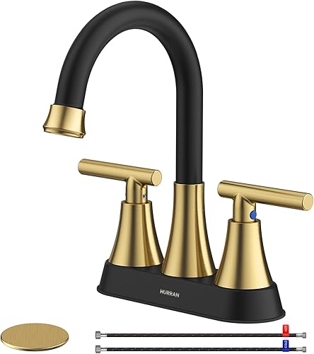 Miniatura 50 de Hurran - Grifos de baño para fregadero de 3 agujeros, 4 pulgadas, color negro mate con drenaje emergente y 2 mangueras de suministro, grifo central