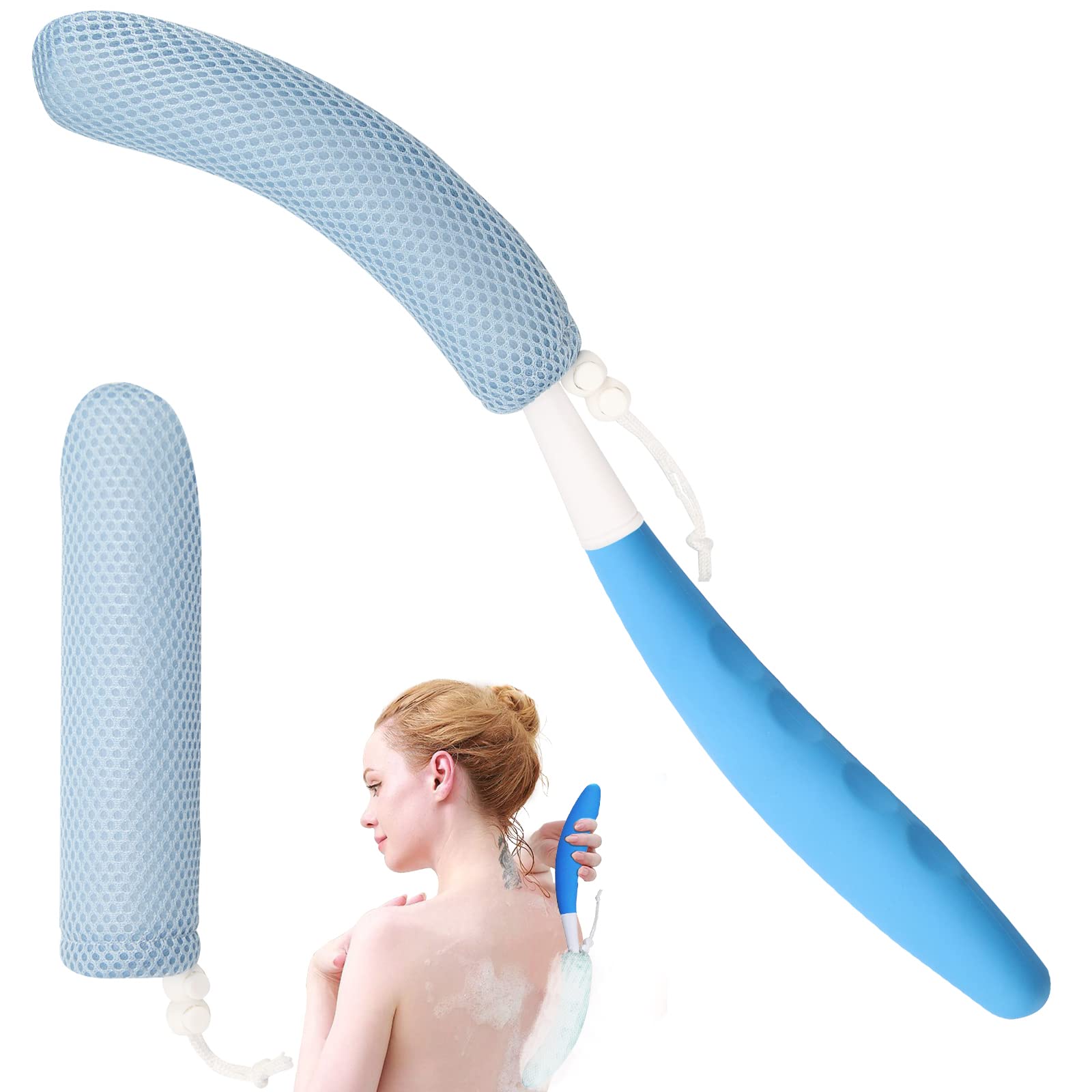 KkaFFe Long Handle Sponge Shower Brush, Non slip Handle Shower Brush, Back Scrubbing Brush. Suitable for various groups of people as a bathing aid, easy to touch every inch of your skin. (Blue)