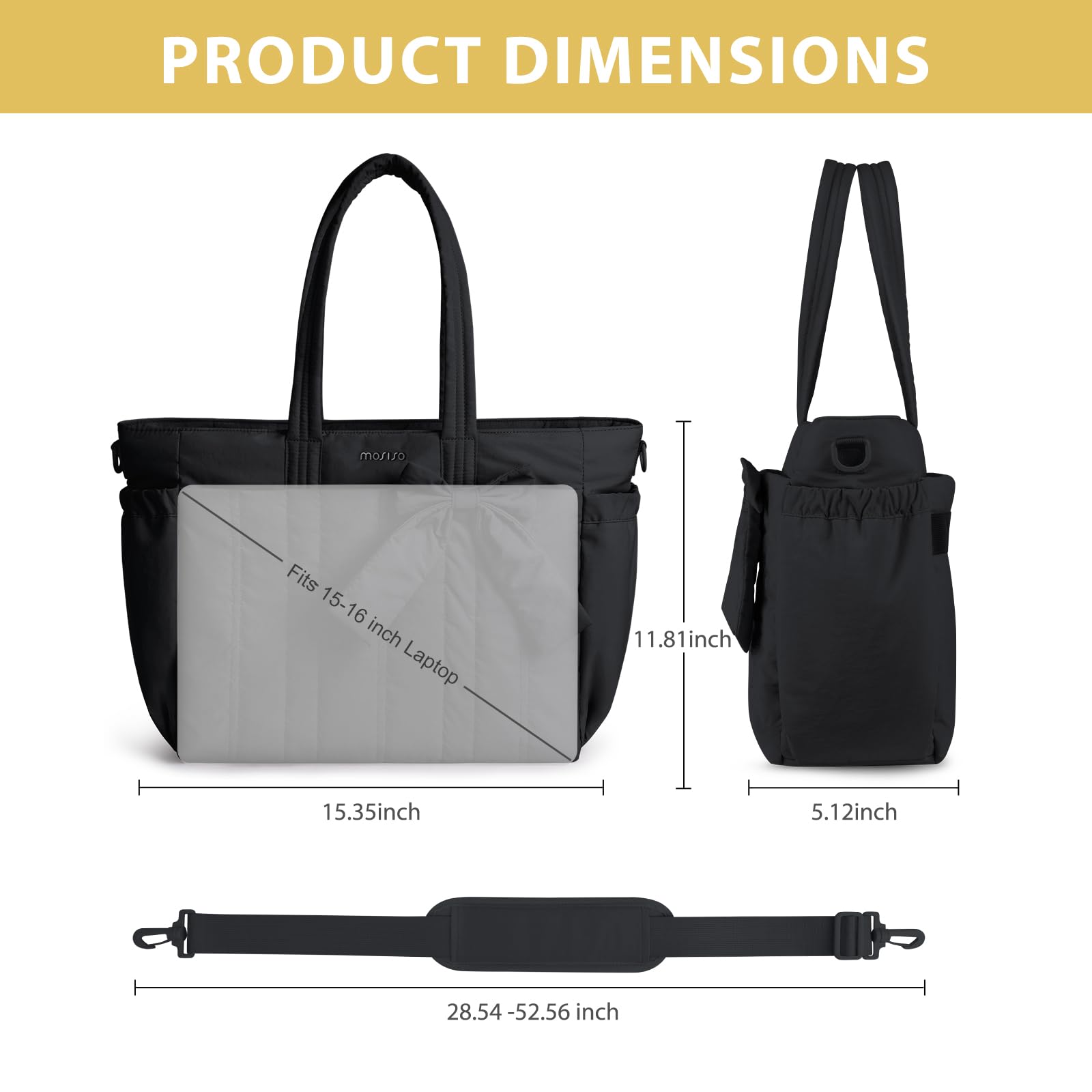 MOSISO Borsa Tracolla Fiocco Donna,15.6 pollici Borsa Tracolla Grande,Borsa Mano,Borse Shoulder per Scuola Lavoro Viaggi Palestra,Borse Shoulder Leggera con Scomparti Laptop,Fiocco&Tracolle, Nero