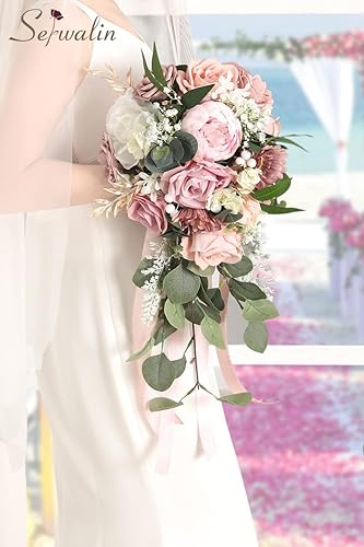 Miniatura 2 de Serwalin Ramos de boda de 9.8 pulgadas para novia y dama de honor, peonías rosa empolvado, ramos de flores de novia para boda, ramo de lanzamiento,