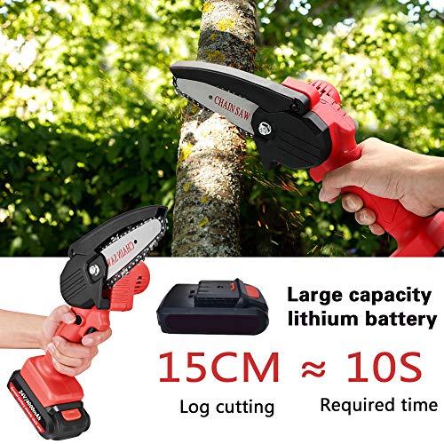 Mini Chainsaw with 2 Batteries and 4 Saw Chains, Handheld Cordless Chainsaw for Tree Branch Wood Cutting Red Battery Chainsaw