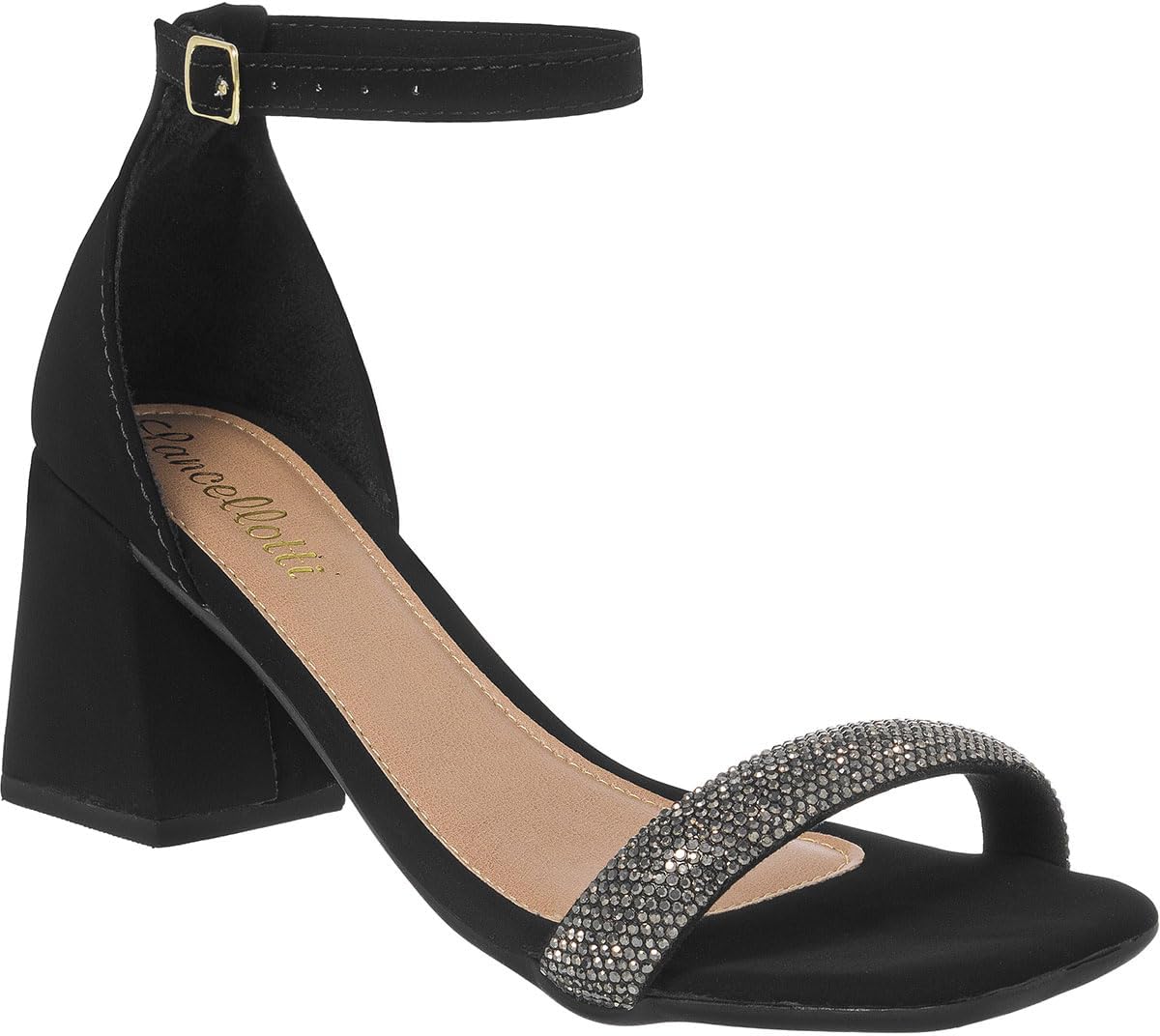 Sandália Feminina de Strass na frente Salto Grosso Saltinho Conforto Festa