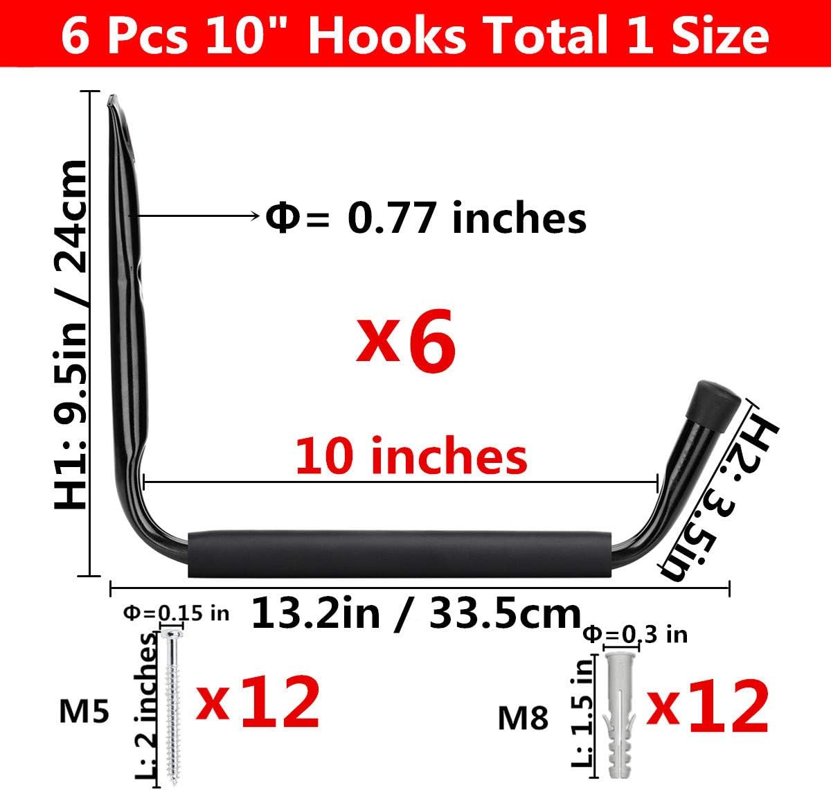 Garage Storage Jumbo Arm Hook Heavy Duty Wall Mount Organizer Utility Garden Hanger with EVA Protector (6 Pcs 10" J Hooks)