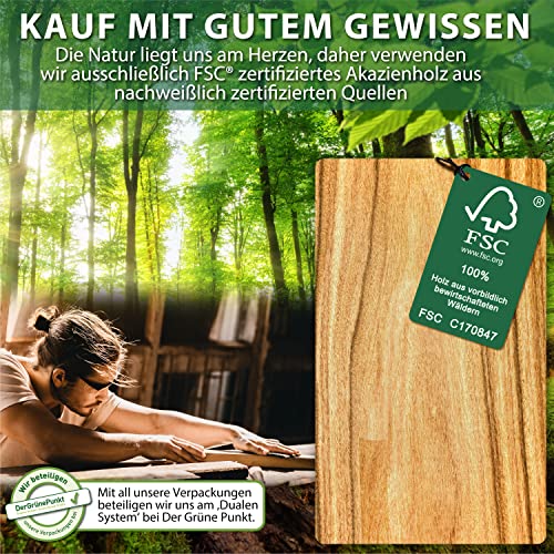 Foto von LIKAYA Steak- & Servierbrett 2er-Set aus FSC Akazienholz mit Schieferplatte & Dipschalen – Grillbrett für Steak, Burger, Sushi BBQ-Fans