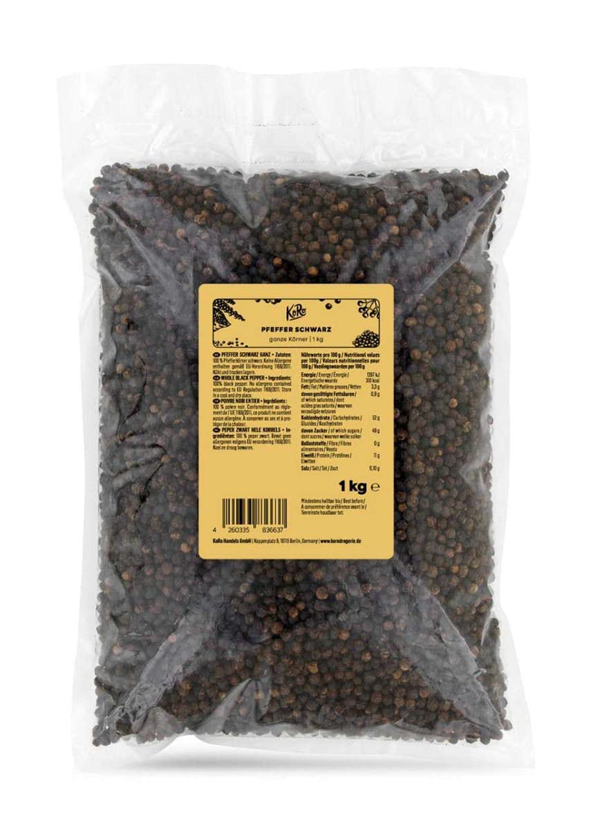 KoRo - Pepe nero in grani 1 kg - versatile - maxi confezione - in grani interi - da macinare o da usare in chicchi interi