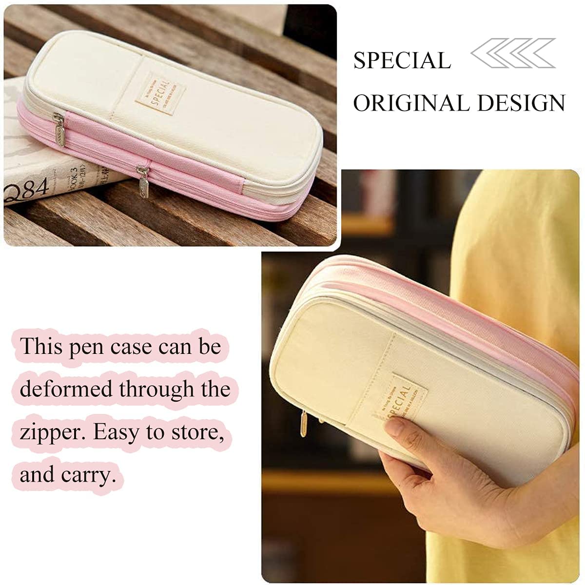 SINGARO Pencil Pouch Durable Canvas Case with Zipper Portable Pen Case for School & Office Supplies, Large Capacity Pack of 1 (Pink) 1