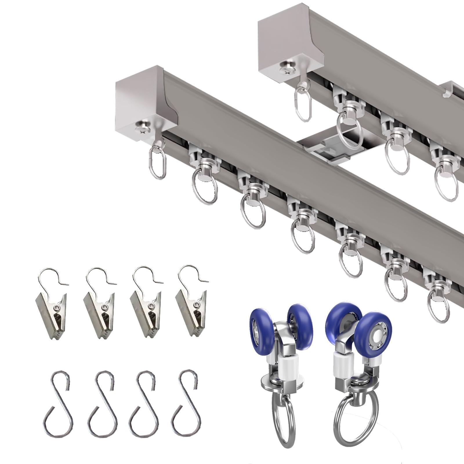 Generisch Gardinenschiene mit Stummen Rollen,Vorhangschien 2 Läufig Decken/Wandmontage Gardinenstangen aus Aluminium 50cm-500cm mit Clips und Hakens für Büro Erker Raumteiler(Champagne,300cm/9.8ft)