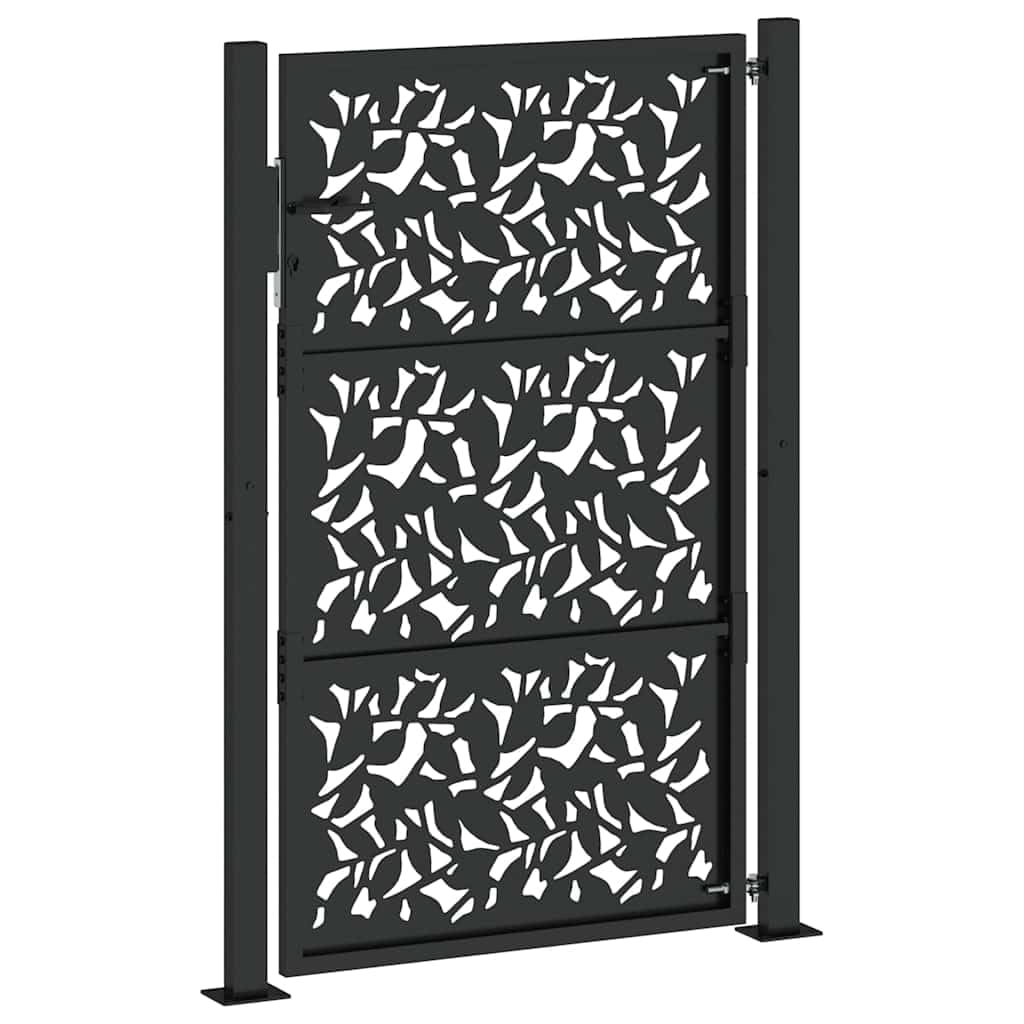 IKAYAA Puerta de Jardín 105x155 cm, Puerta para Valla con Sistema de Cerradura Acero Oxidado, diseño de Hojas Negro