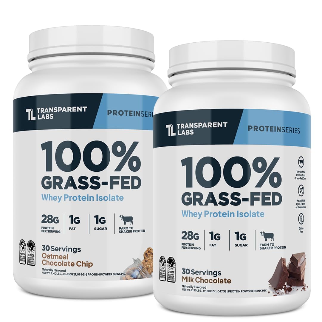 Transparent LabsGrass-Fed Whey Protein Isolate (30 Servings, Milk Chocolate) & Grass-Fed Whey Protein Isolate (30 Servings, Oatmeal Chocolate Chip Cookie)