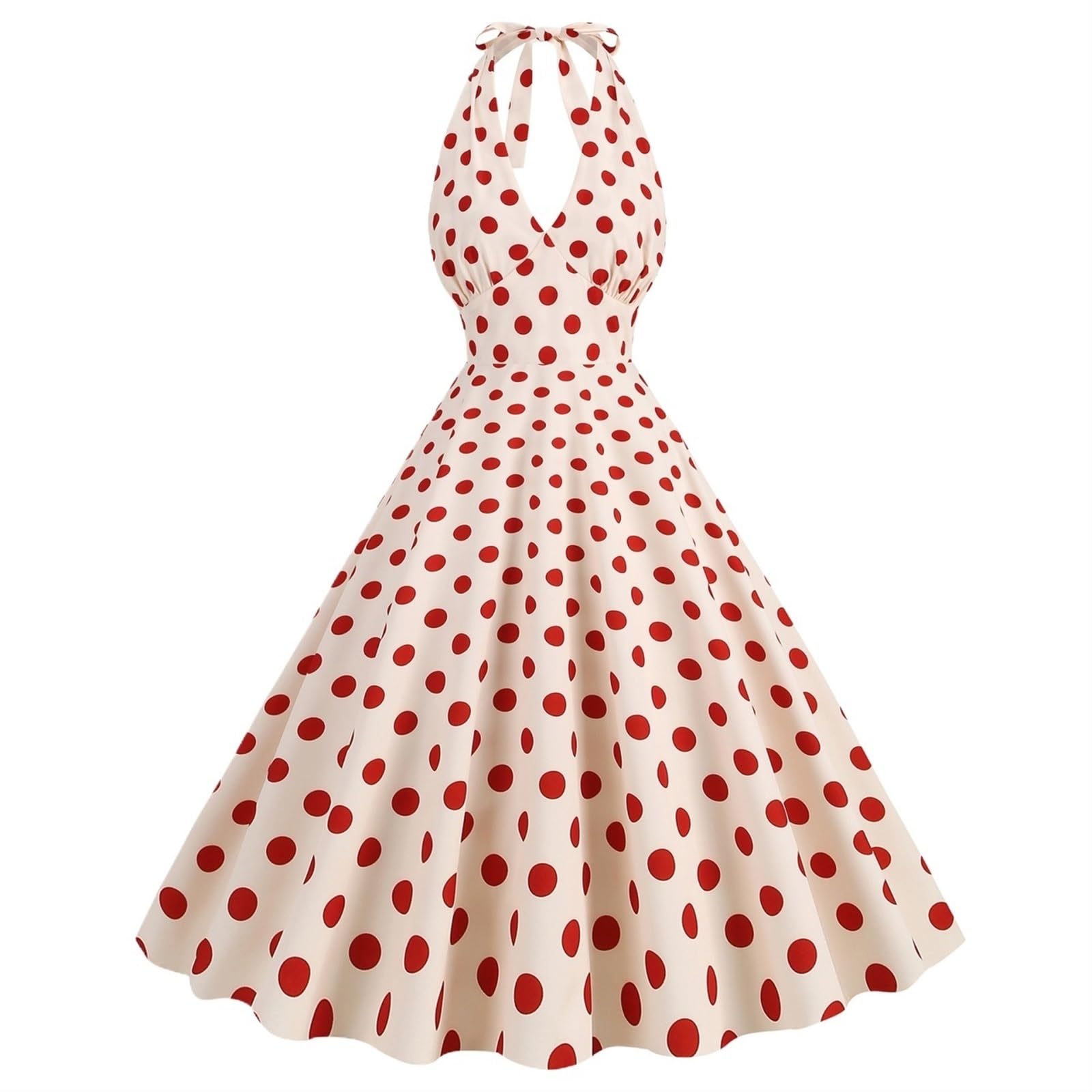 Ttoudry Unisex Red Women's Sundress Sleeveless Halter Neck Boho Elastic Waist Ruffle Dresses Polka Dot Halter Neck Dress