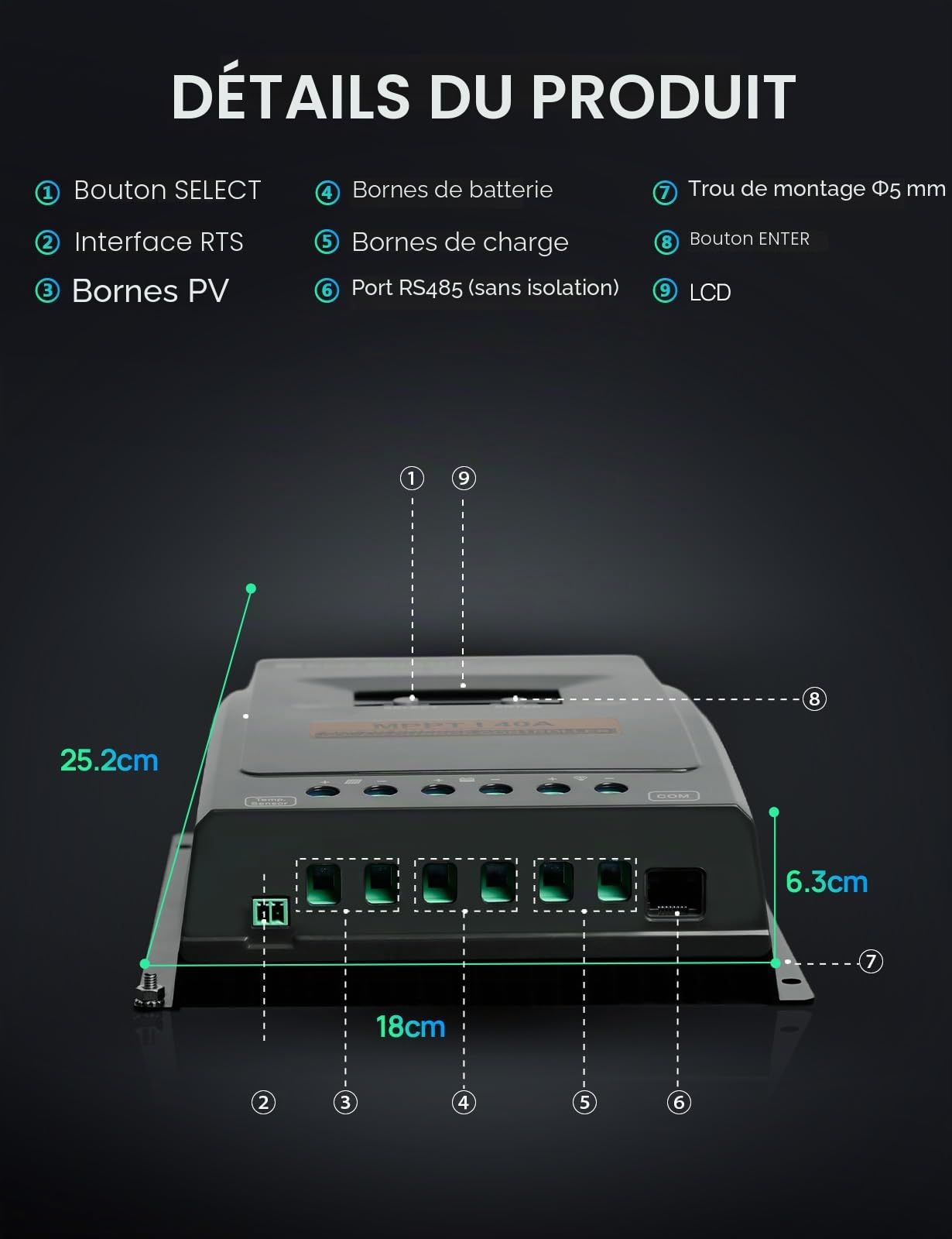 ECO-WORTHY Regulateur de Charge Solaire MPPT 40A, 12V/24V Contrôleur de Charge Solaire avec écran LCD, Moniteur d'application Bluetooth et RS485, 99 % d'efficacité pour Batterie lIFePO4 GEL SLA FLD