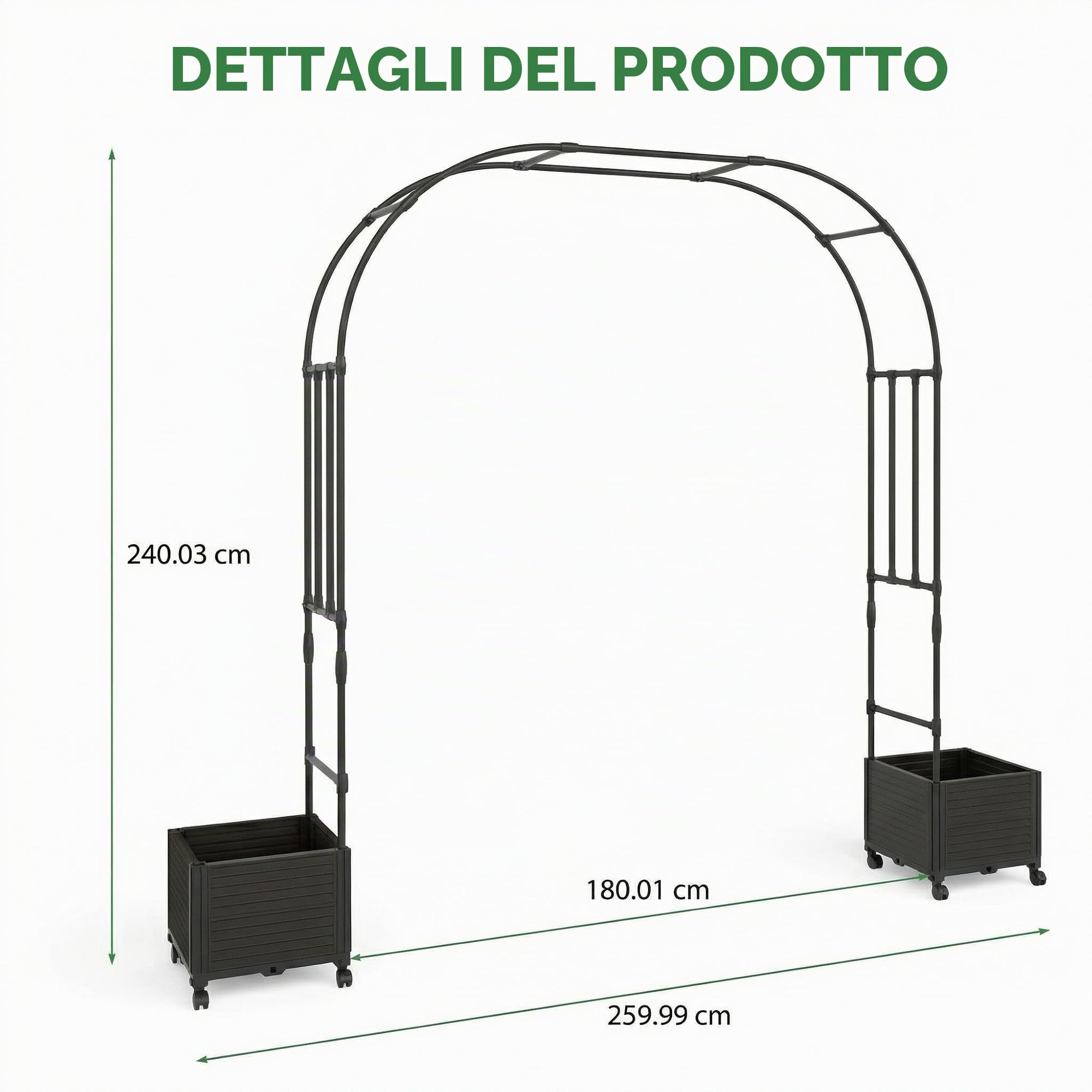 Garvee Arco da Giardino con Fioriera e Ruote Bloccabili, Altezza 2.4m Traliccio per Piante Rampicanti in Metallo, Supporto per Rose Edera Matrimoni Decorazione Esterna, PP Resistente UV