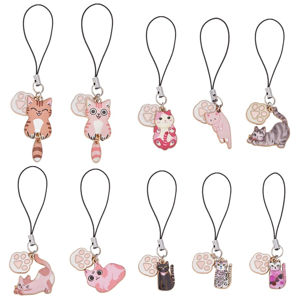 WADORN 10Pcs Cute Cat Phone Strap Animal Phone Charms 10 Style Metal Cute Kitten Pendants Animal Pet Dangle Cartoon Pendants for Mobile Straps Necklace Bracelet Earrings Keychain DIY Jewelry Craft