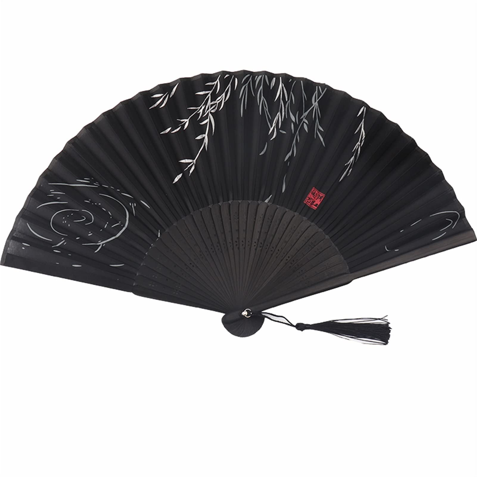 Éventail chinois de performance noir avec gland en bambou, cadeau de fête raffiné