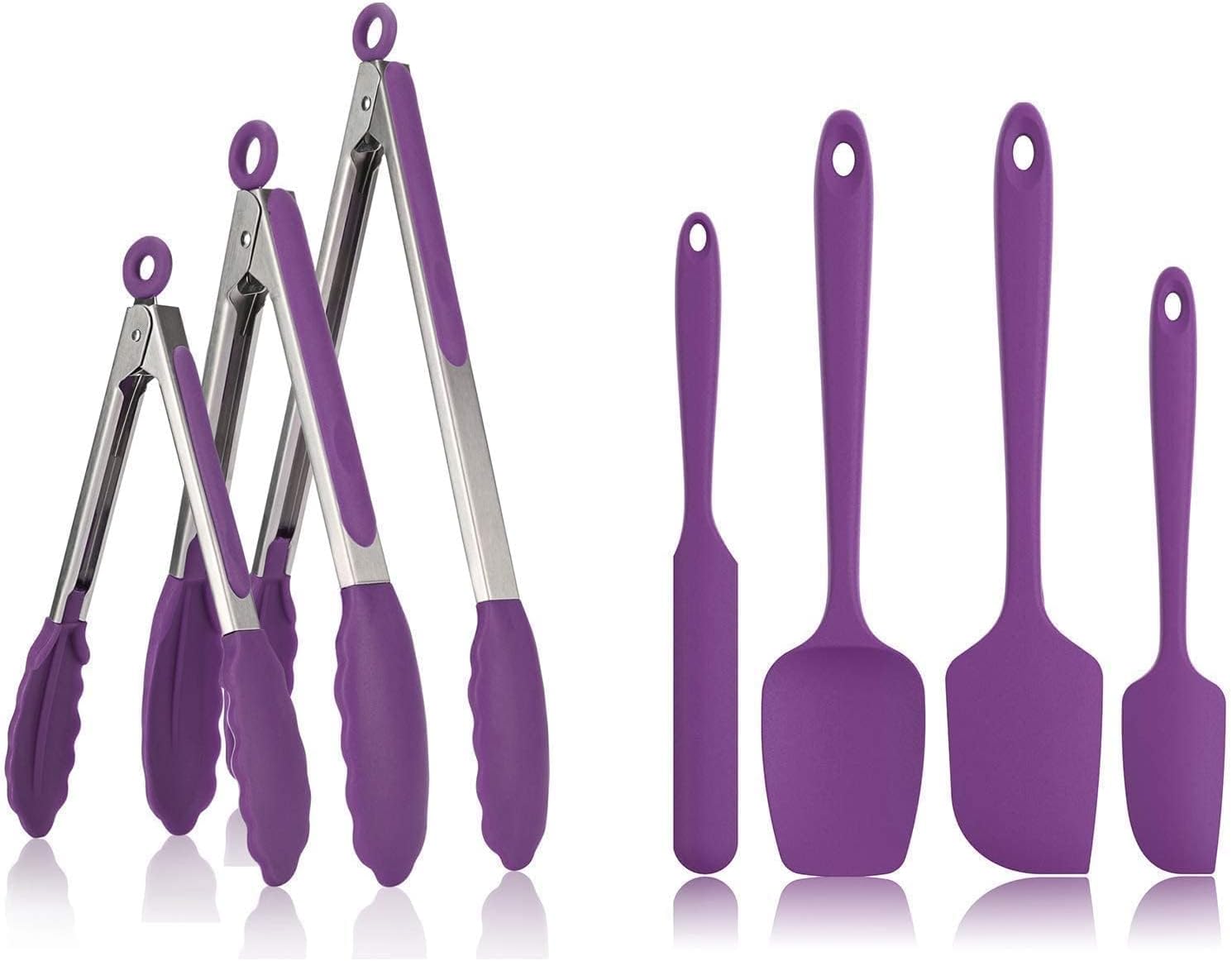 U-Taste 600ºF High Heat-Resistant Silicone Spatula Set and 7/9/12 inches Cooking Tong Set (Purple)