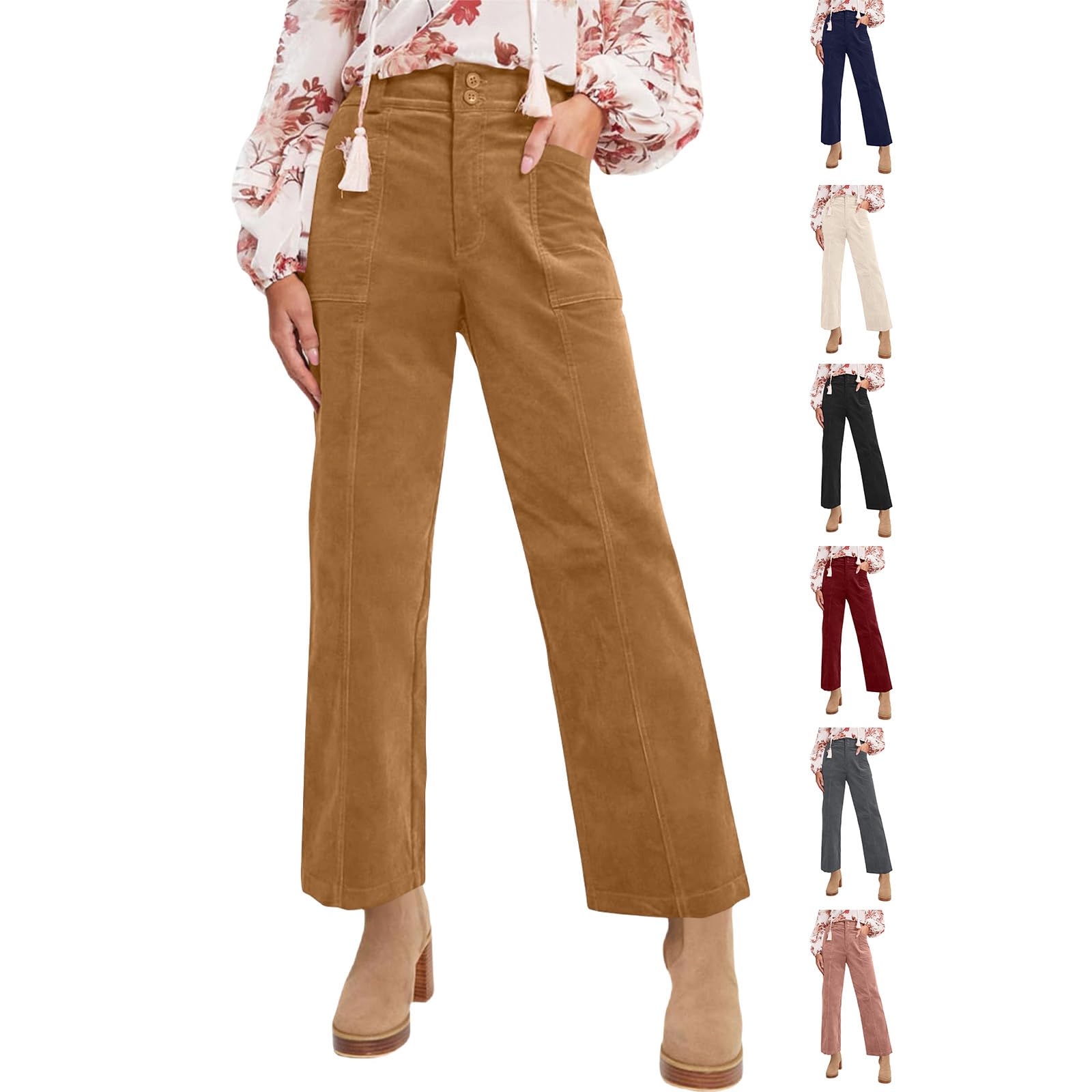 Corduroy Pants Women Comfy Work Pants Ladies Loose High Waisted Straight Leg Pull On Office Trousers with Pockets