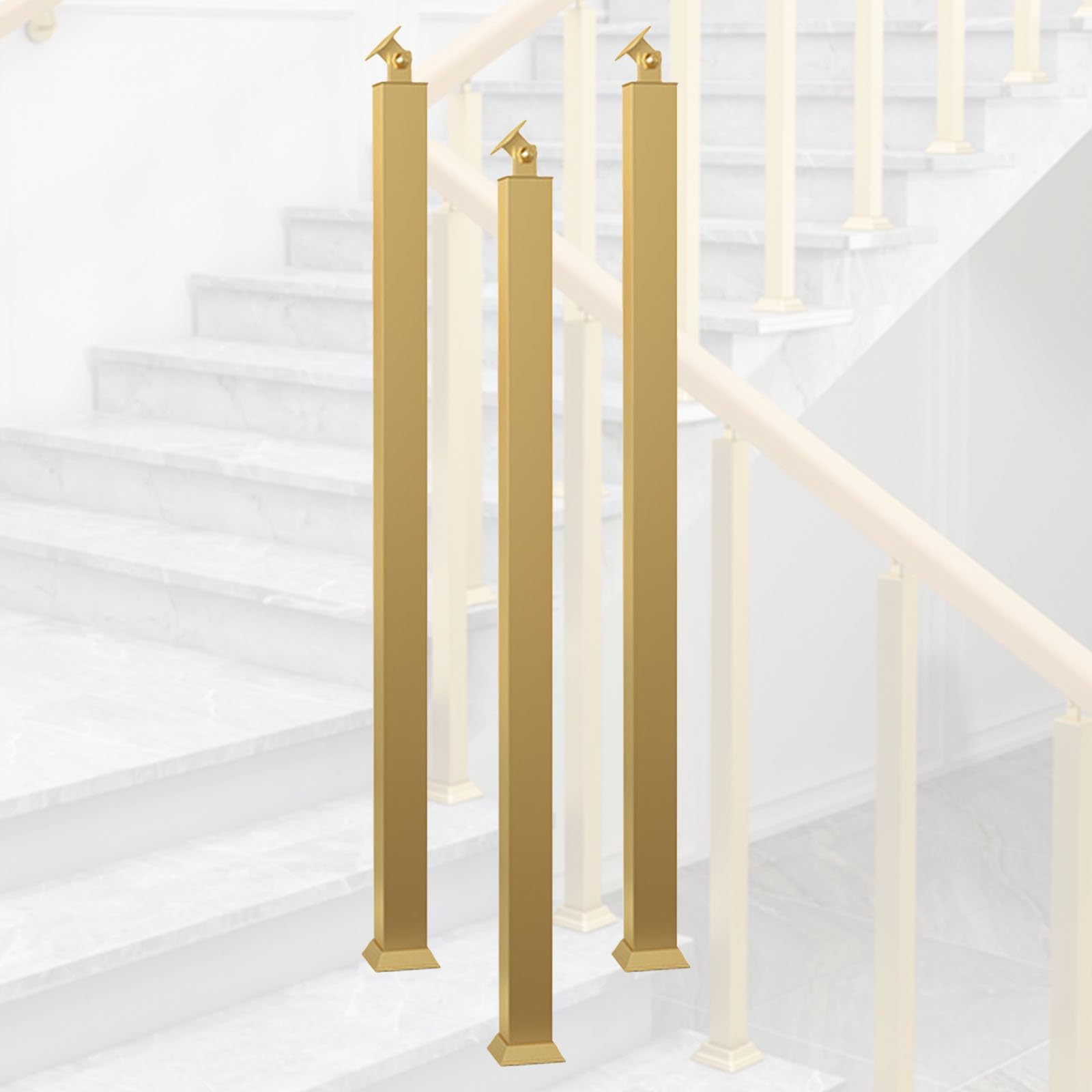 Stair Balusters Iron Gold for Interior Stairs, 270° Adjustable Step Banister/Square Staircase Spindles Posts for Stairway Deck Yard Entryway, with Floor Base Kit(3pc,57.1"/145cm)