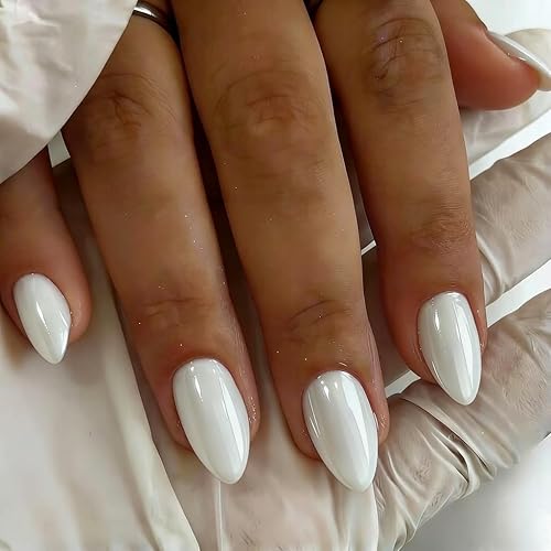 Chrome White Press on Nails Short Almond, Pearlescent Glazed Gel