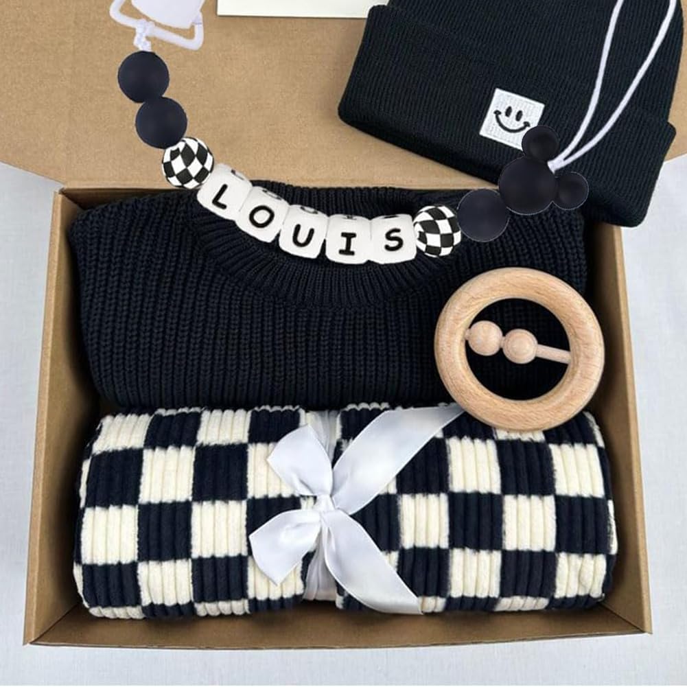 Personalized Pacifier Clip with Name Custom Checkered Pacifier Holder Custom Name for Baby Newborn Gift (Checkered)
