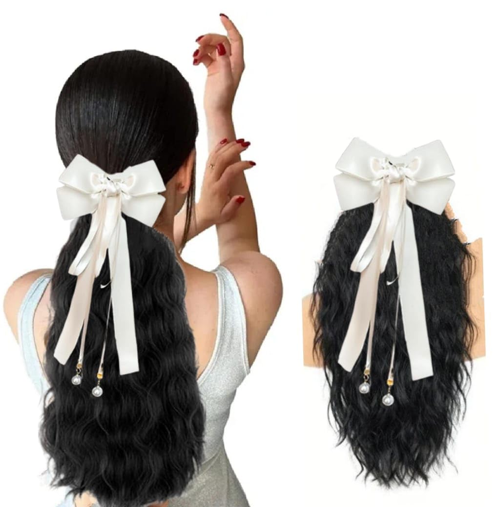 Miss Lirenn® Elegant White Satin Hair Bow Barrette Hair Extension with Pearl Beads, 18 Inch Length, Long Ribbon Streamer, Black Color (Black)