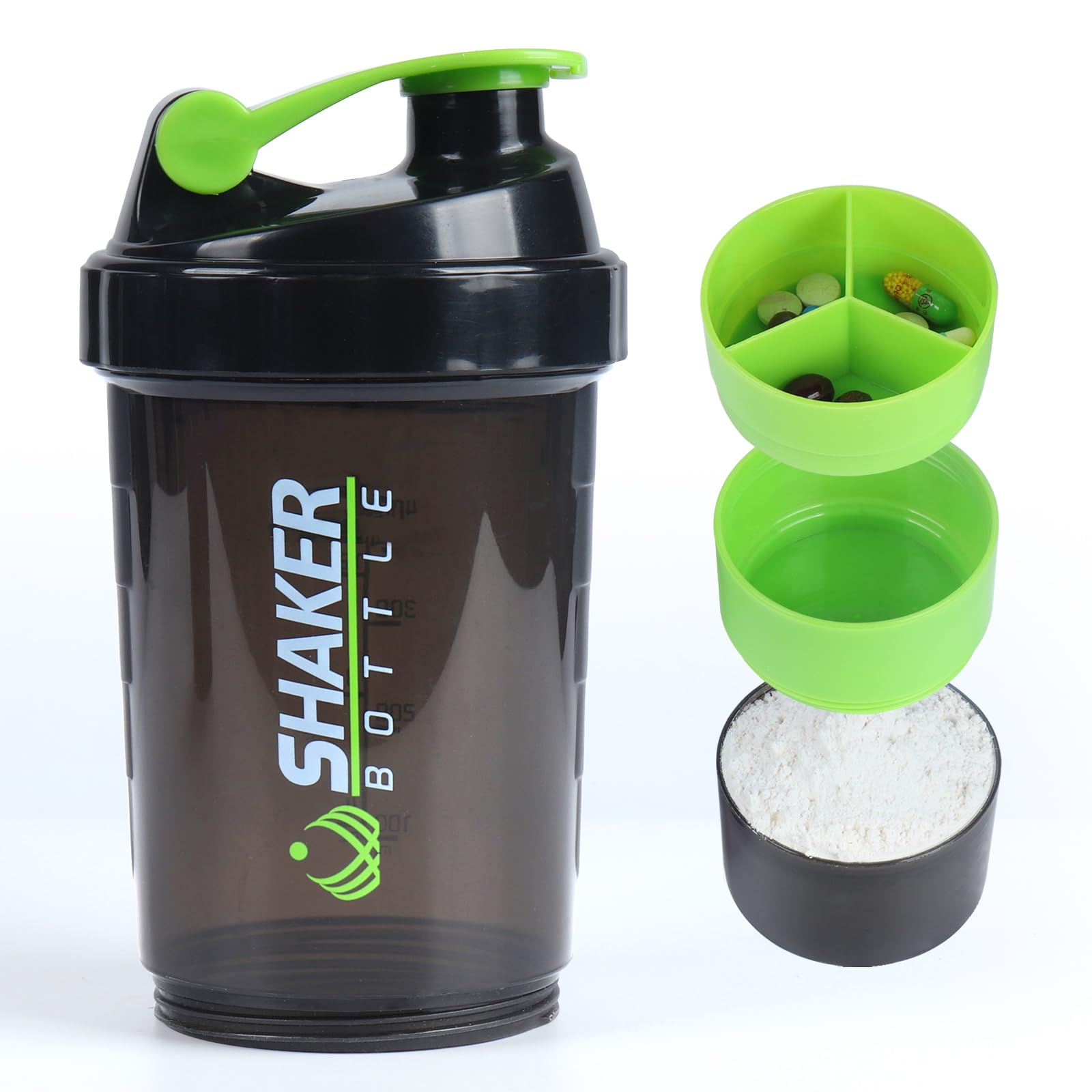 VIGIND Protein Shaker Bottle,Sports Water Bottle,Leak Proof Shake Bottle For Protein Mixer,Non Slip 3 Layer Twist Off 3oz Cups with Pill Tray,Workout