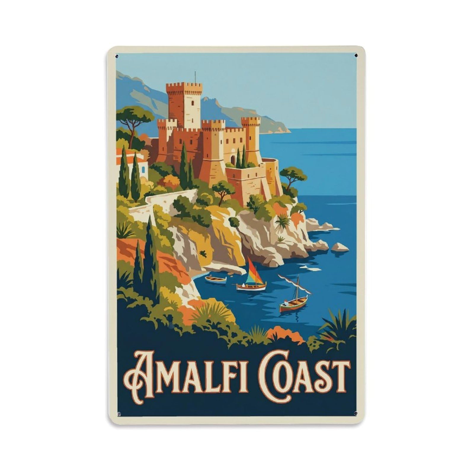 Vintage Travel Castle Italy Clifftop Metal Tin Sign Plaque Wall Decor for Cafe, Club Bar, Office, Home Garden Metal Poster 8x12Inch