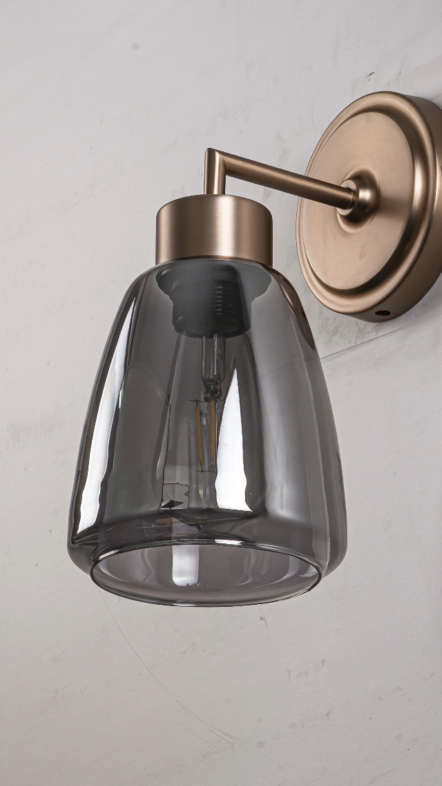 Image of Smoked Gray Glass Wall Light Dia 6 inch Wall Lamp with Glass Shade Vintage Vanity Lighting Fixture with Metal Base Flush Mount Wall Sconce 1-Light for Bathroom, Bedroom, Bedside, Entryway