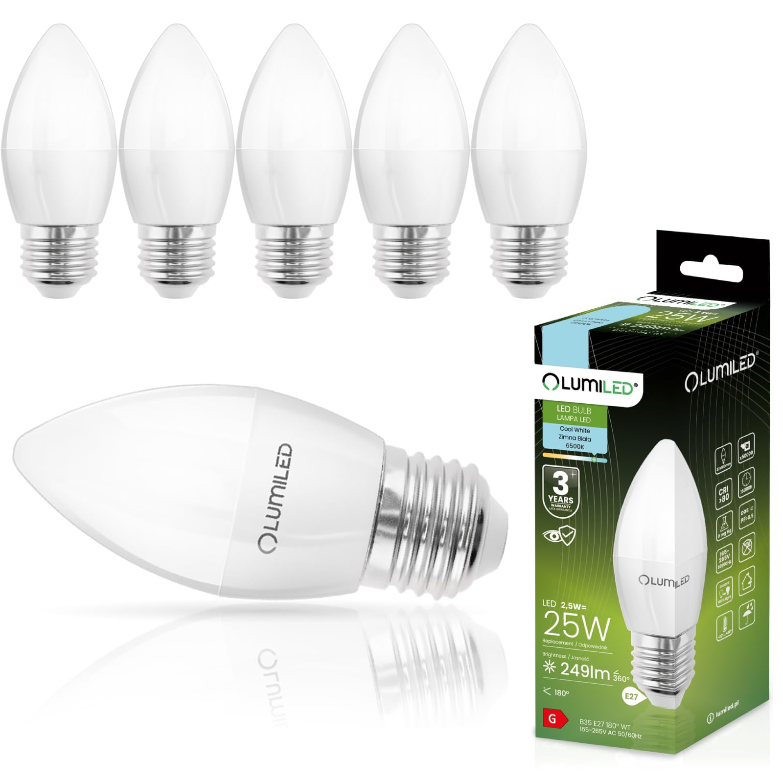 Lumiled B35 E27 LED Lampe 2,5W (ersetzt 25W), 249 Lumen, Kerze Milch Glas Leuchtmittel in Kerzeform 6500K Kaltweiß Birne Lampen 180° Grad Abstrahlwinkel LED Lampenn Kerzenbirnen 6er-Pack