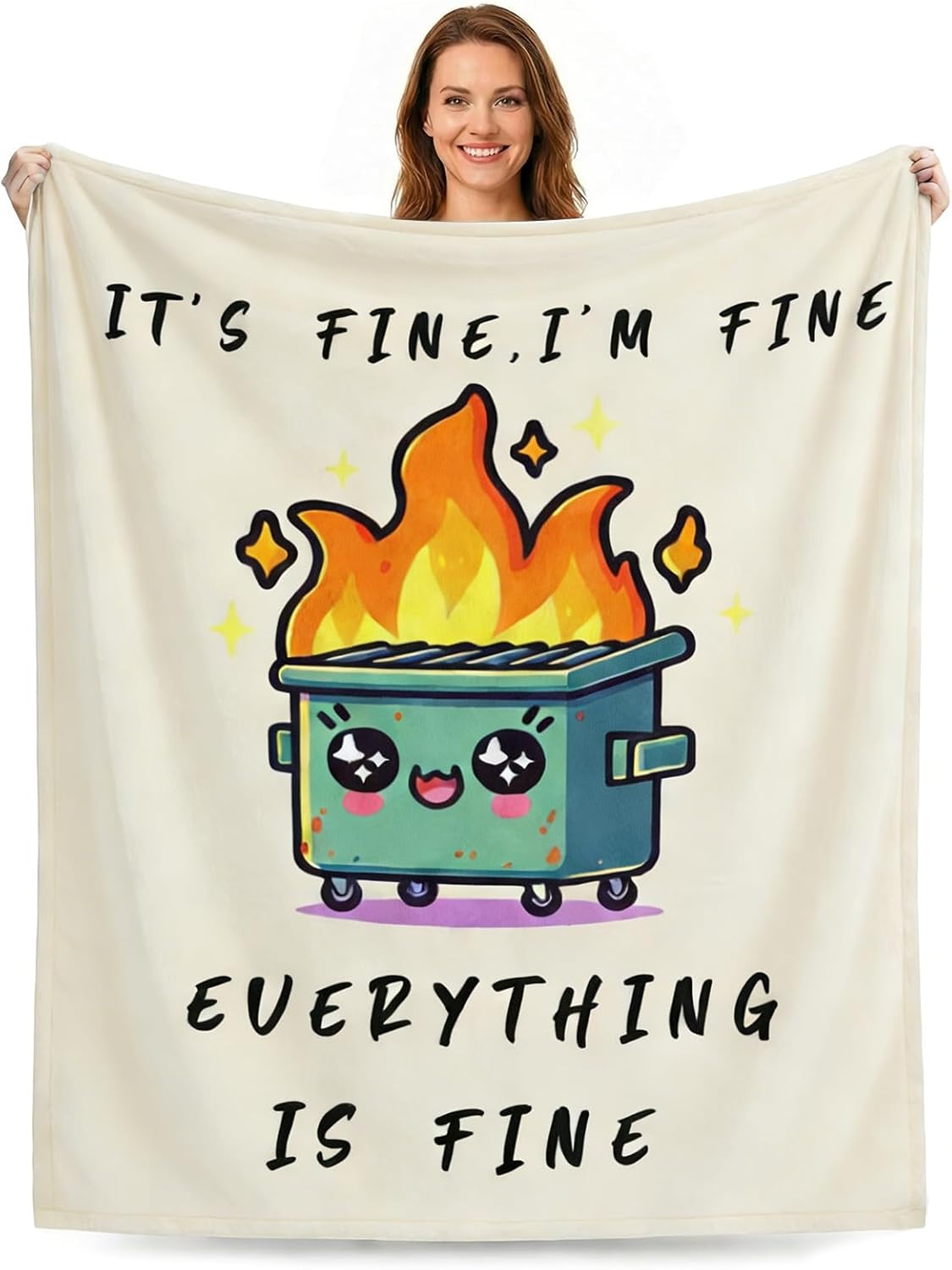 Funny Emotional Support Dumpster Fire Office Chair Blanket Funny Office Gifts for Coworkers Boss It's Fine I'm Fine Everything is Fine Beige Fun Soft Throw Blanket 60"X50"