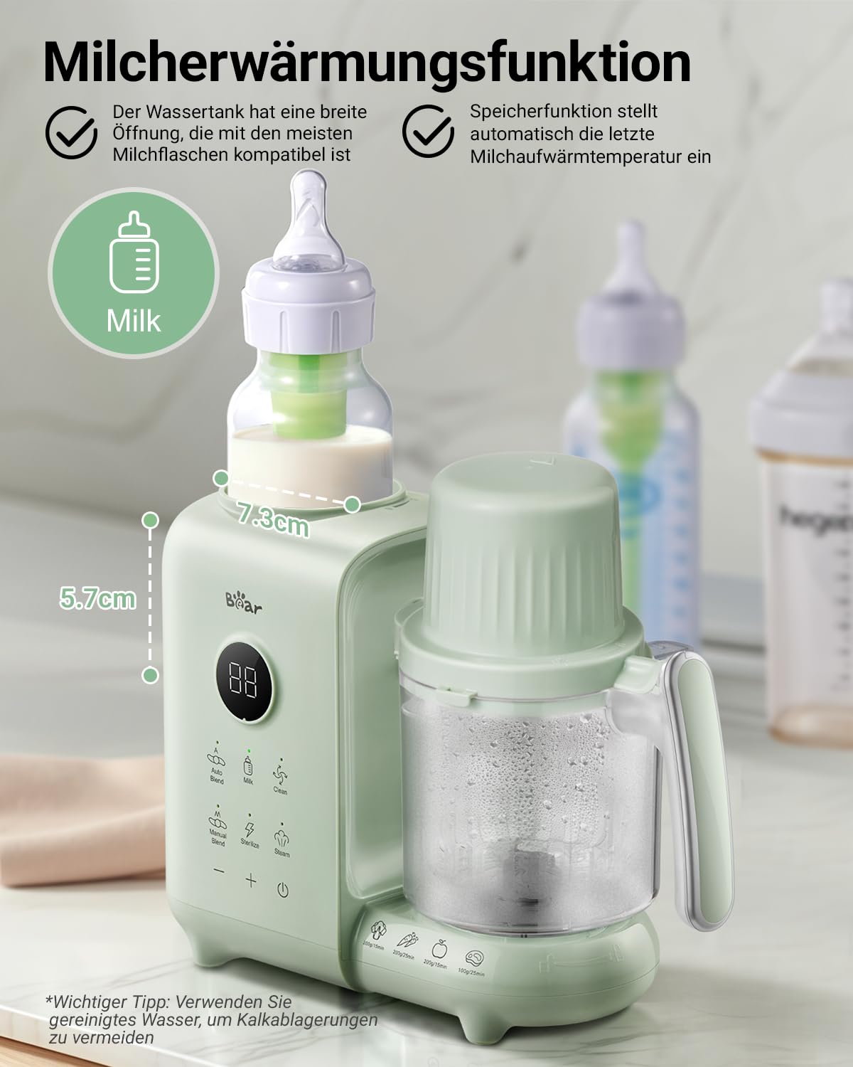 Bear 6-in-1 Dampfgarer mit Mixer Premium Babynahrungszubereiter,Dämpfen, automatisches Rühren, Milcherwärmung, Desinfektion, Selbstreinigungsfunktion, Automatische Reinigungsfunktion, BPA-frei (Grün)
