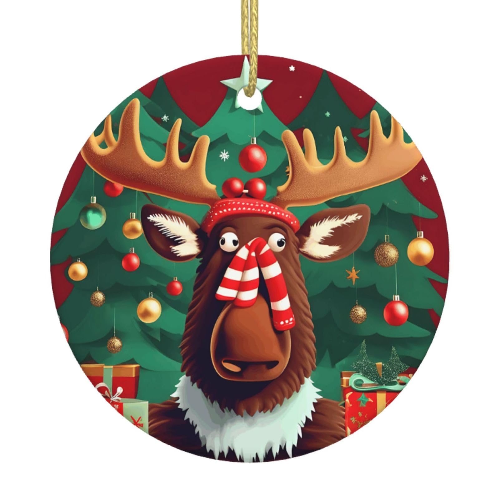 Funny Christmas Moose Print Christmas Ornaments, Ceramic Hanging Ornament, Round Shape Decorations